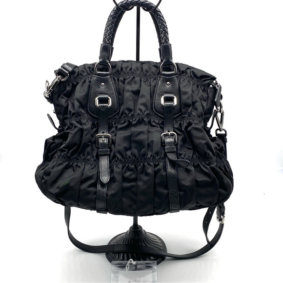 PRADA TESSUTO GAUFRE BLACK LEATHER NYLON TOTE CROSSBODY SATCHEL LOGO ZIP LARGE - Picture 6 of 11